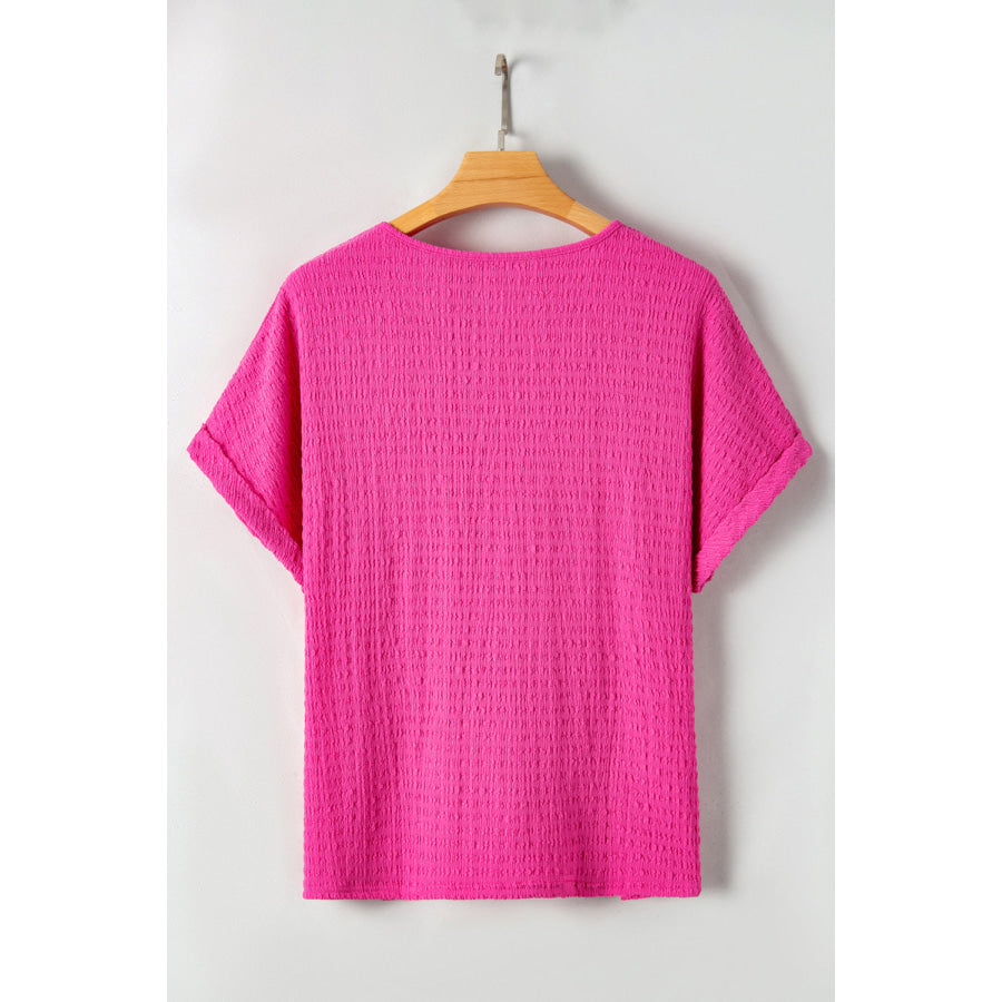 Bright Pink Plus Size Textured Folded Sleeve V Neck T Shirt Plus Size/Plus Size Tops/Plus Size Tops & Tees
