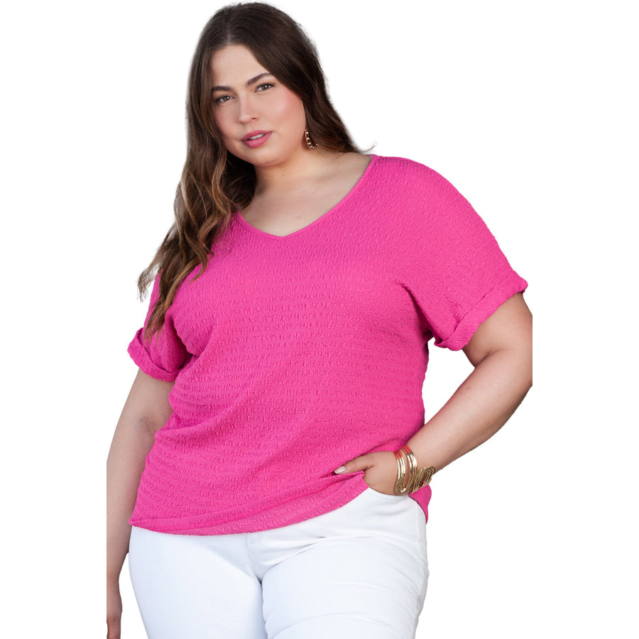 Bright Pink Plus Size Textured Folded Sleeve V Neck T Shirt Plus Size/Plus Size Tops/Plus Size Tops & Tees