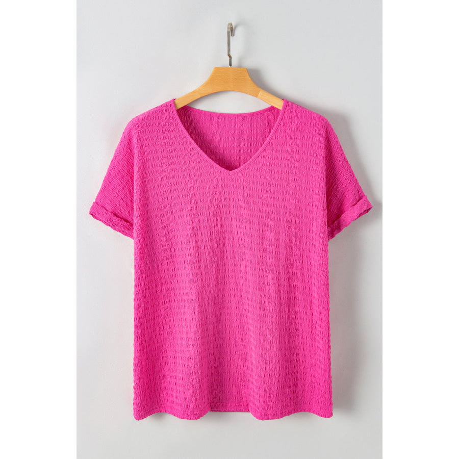 Bright Pink Plus Size Textured Folded Sleeve V Neck T Shirt Plus Size/Plus Size Tops/Plus Size Tops & Tees