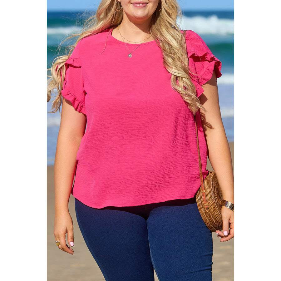 Bright Pink Ruffled Short Sleeve Plus Size Top Plus Size/Plus Size Tops/Plus Size Tops & Tees