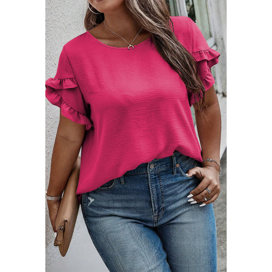 Bright Pink Ruffled Short Sleeve Plus Size Top Plus Size/Plus Size Tops/Plus Size Tops & Tees