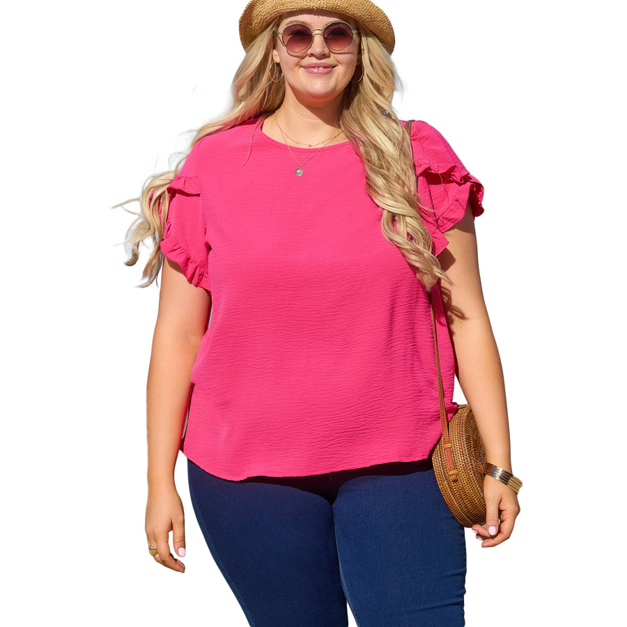 Bright Pink Ruffled Short Sleeve Plus Size Top Plus Size/Plus Size Tops/Plus Size Tops & Tees