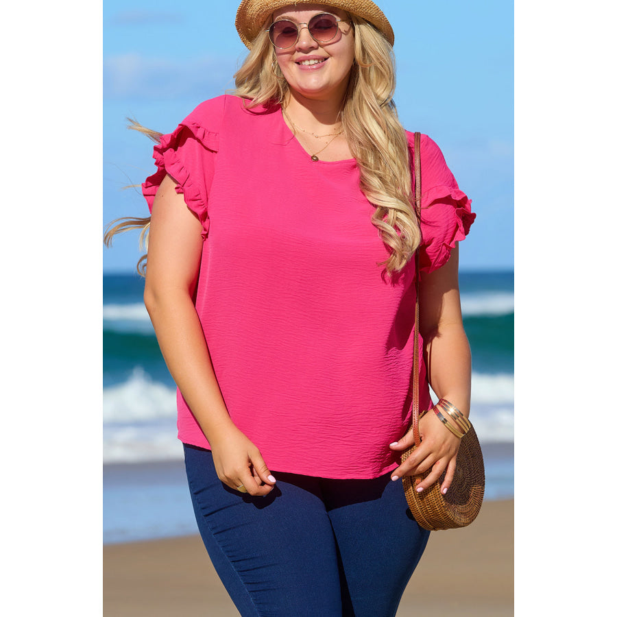Bright Pink Ruffled Short Sleeve Plus Size Top Plus Size/Plus Size Tops/Plus Size Tops & Tees