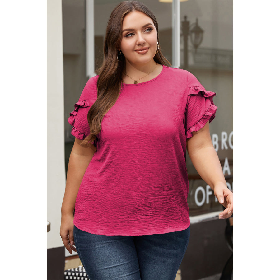 Bright Pink Ruffled Short Sleeve Plus Size Top Plus Size/Plus Size Tops/Plus Size Tops & Tees