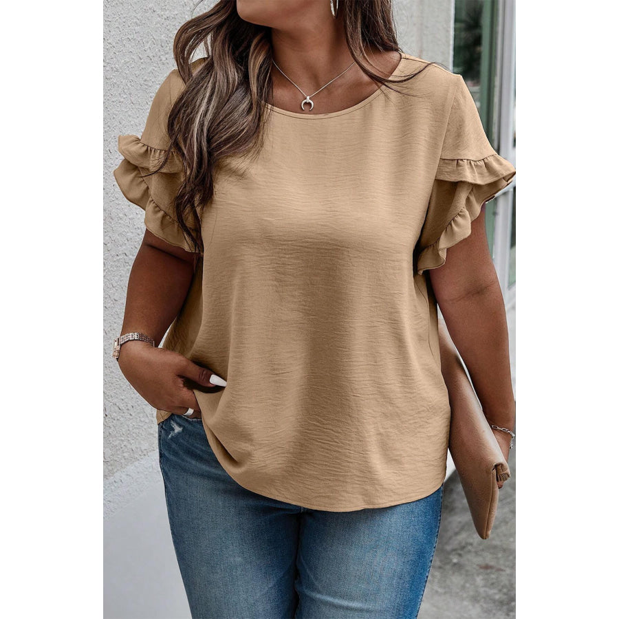 Bright Pink Ruffled Short Sleeve Plus Size Top Light French Beige / 1X / 100% Polyester Plus Size/Plus Size Tops/Plus Size Tops & Tees