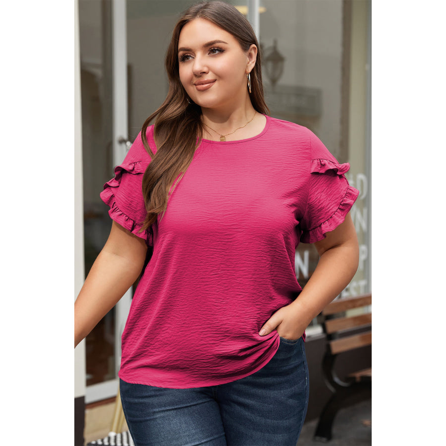 Bright Pink Ruffled Short Sleeve Plus Size Top Plus Size/Plus Size Tops/Plus Size Tops & Tees