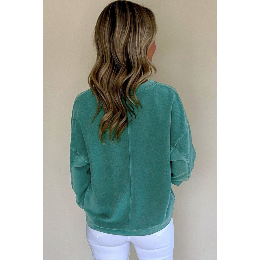 Bright Pink Solid Color Notched Neck Drop Shoulder Sweatshirt Tops/Sweatshirts & Hoodies