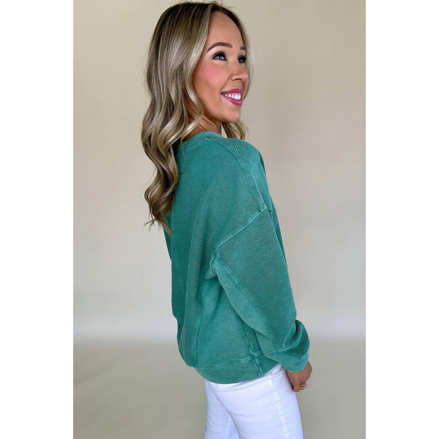 Bright Pink Solid Color Notched Neck Drop Shoulder Sweatshirt Tops/Sweatshirts & Hoodies