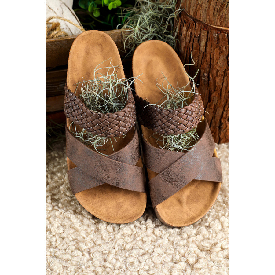Brown Braided Detail Criss Cross Platform Slippers Shoes & Bags/Slippers