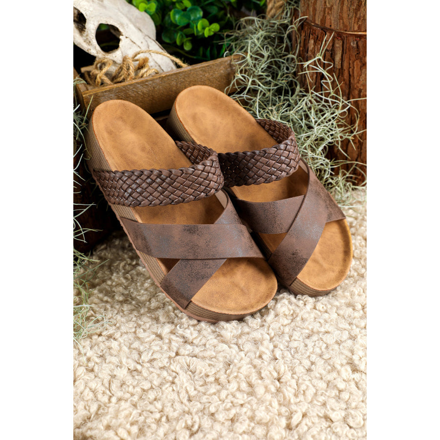 Brown Braided Detail Criss Cross Platform Slippers Shoes & Bags/Slippers