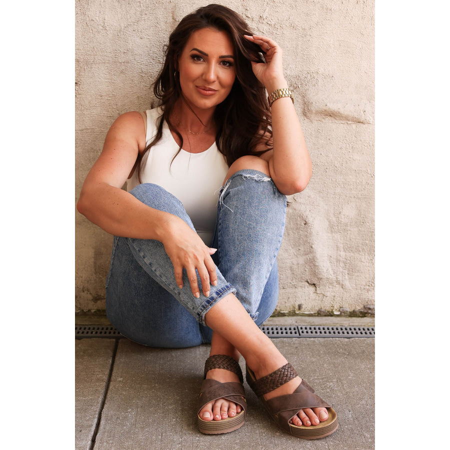 Brown Braided Detail Criss Cross Platform Slippers Shoes & Bags/Slippers