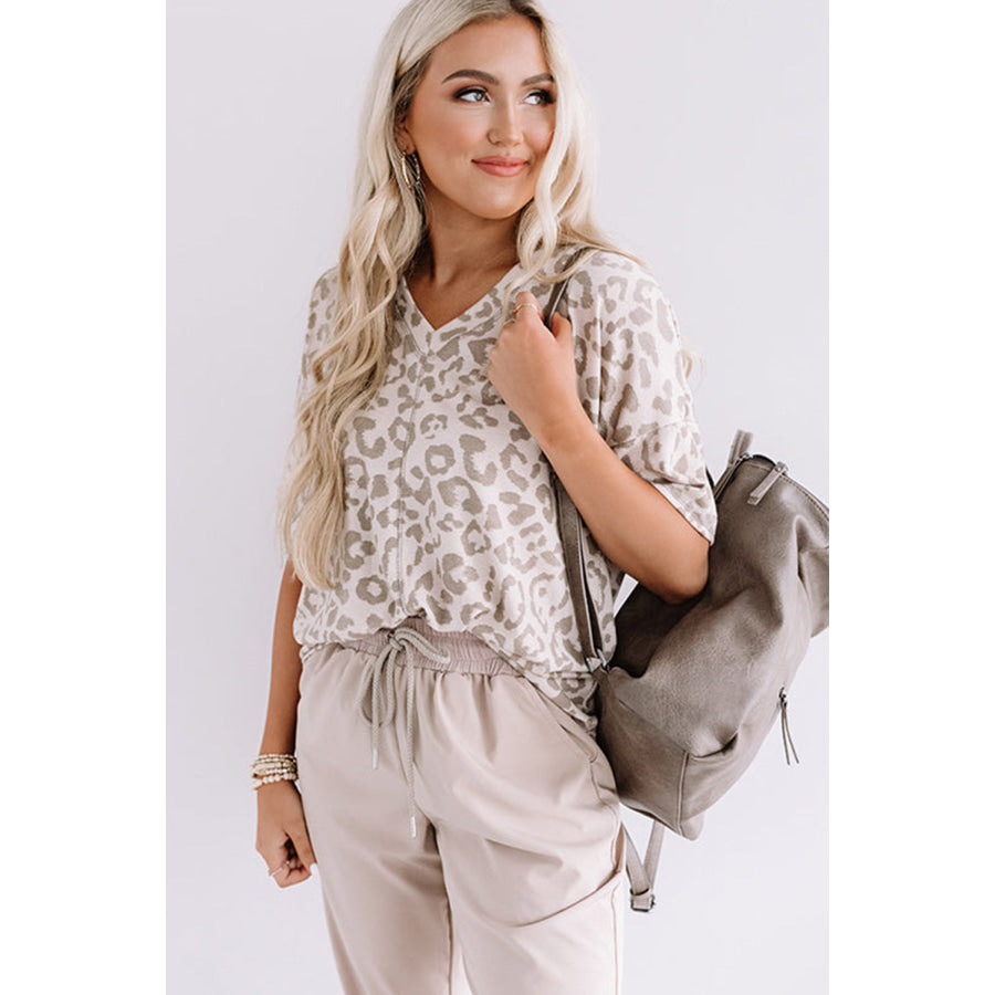 Brown Leopard Print V Neck Plus Size T Shirt Plus Size/Plus Size Tops/Plus Size Tops & Tees