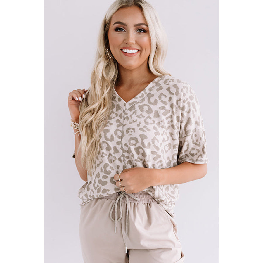 Brown Leopard Print V Neck Plus Size T Shirt Plus Size/Plus Size Tops/Plus Size Tops & Tees