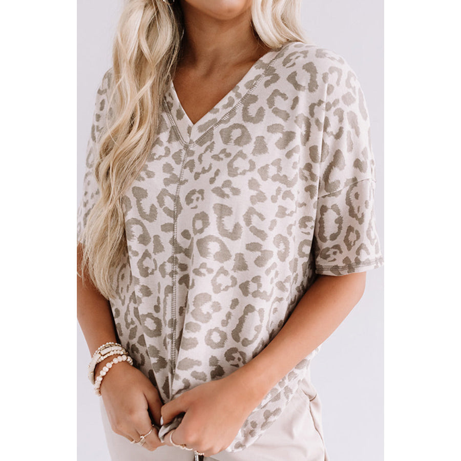 Brown Leopard Print V Neck Plus Size T Shirt Plus Size/Plus Size Tops/Plus Size Tops & Tees