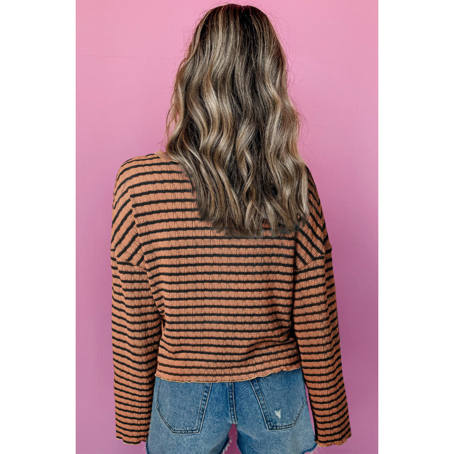 Brown Stripe Textured Frilly Trim Buttons Henley Long Sleeve Top Brown Stripe / S / 50% Cotton + 47% Polyester + 3% Elastane Tops/Long