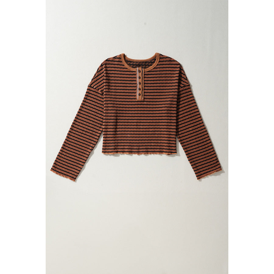 Brown Stripe Textured Frilly Trim Buttons Henley Long Sleeve Top Tops/Long Sleeve Tops