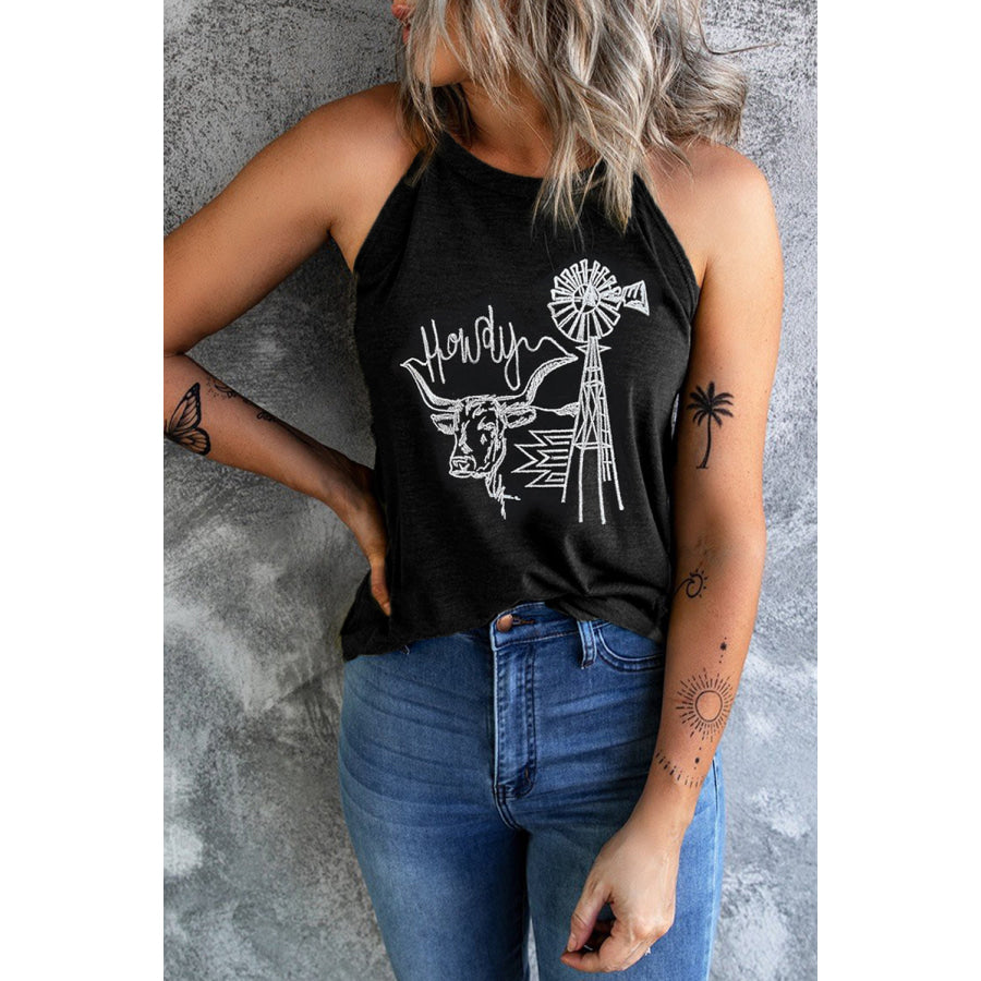 Bull Graphic Round Neck Tank Black / S Apparel and Accessories