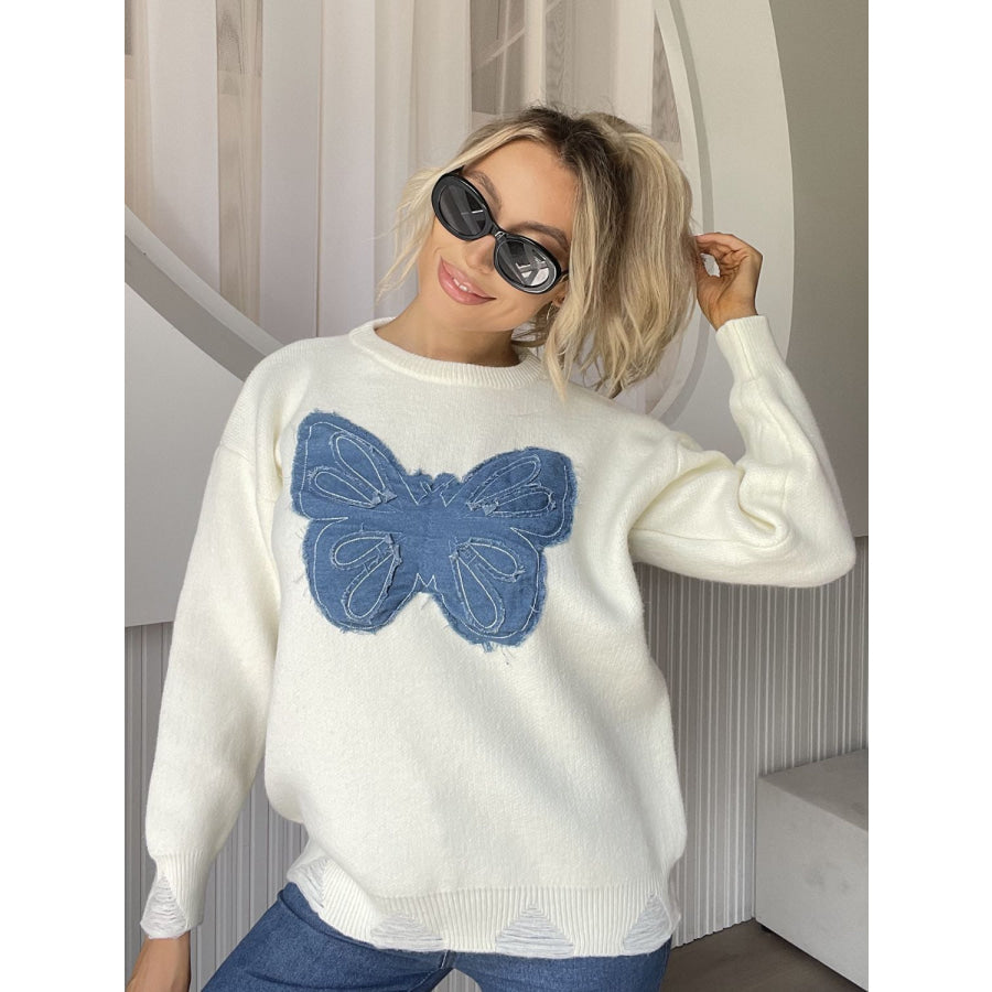 Butterfly Round Neck Long Sleeve Sweater White / One Size Apparel and Accessories