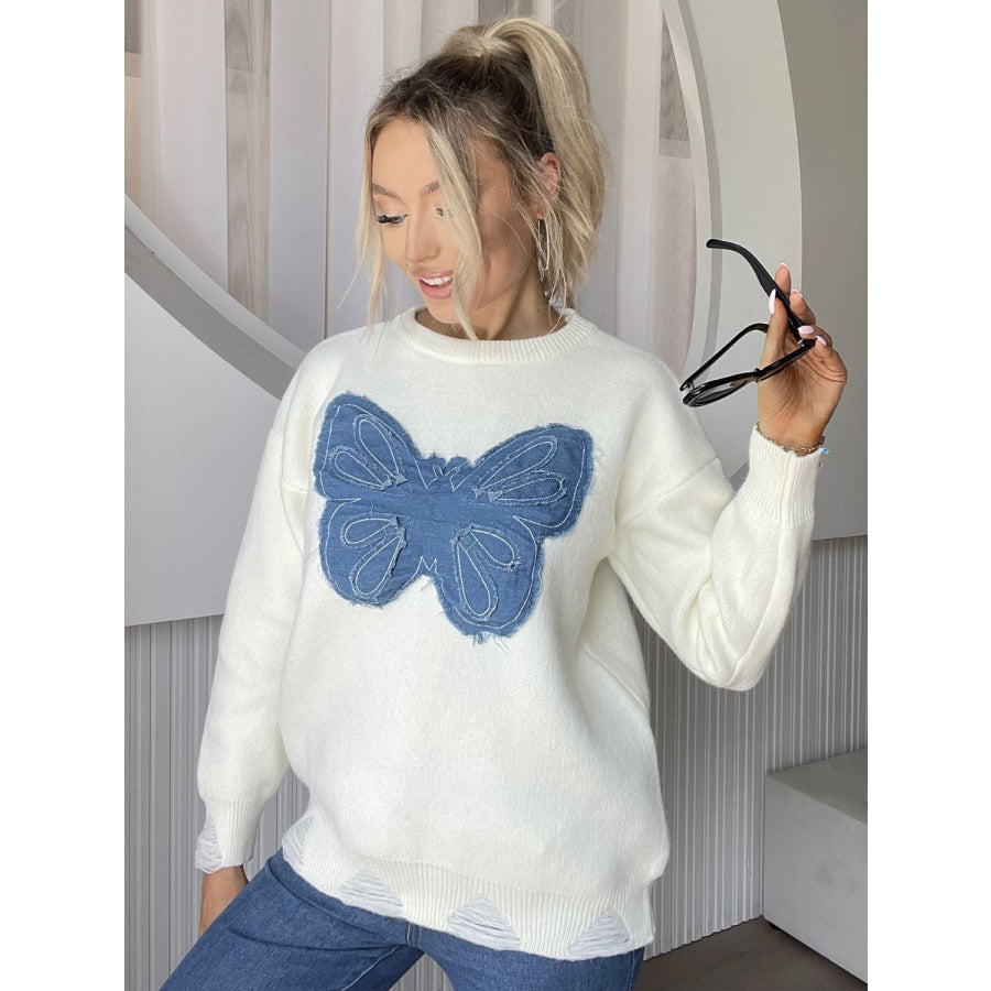 Butterfly Round Neck Long Sleeve Sweater White / One Size Apparel and Accessories