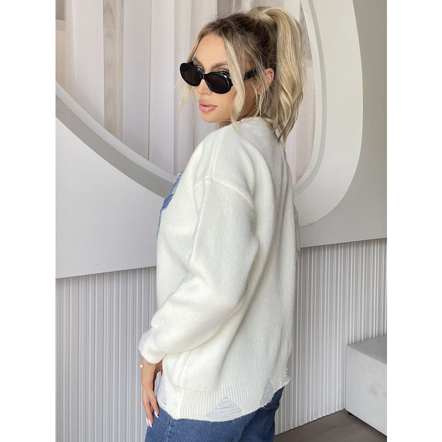 Butterfly Round Neck Long Sleeve Sweater White / One Size Apparel and Accessories