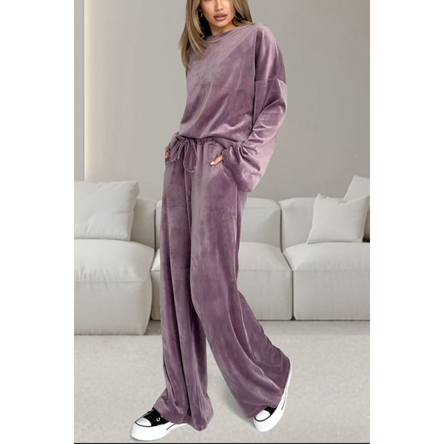 Buttery-Soft Round Neck Long Sleeve Top and Drawstring Pants Set Apparel and Accessories