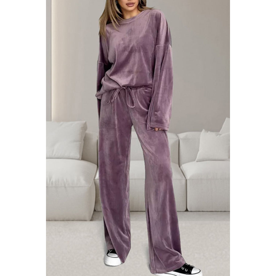 Buttery-Soft Round Neck Long Sleeve Top and Drawstring Pants Set Apparel and Accessories