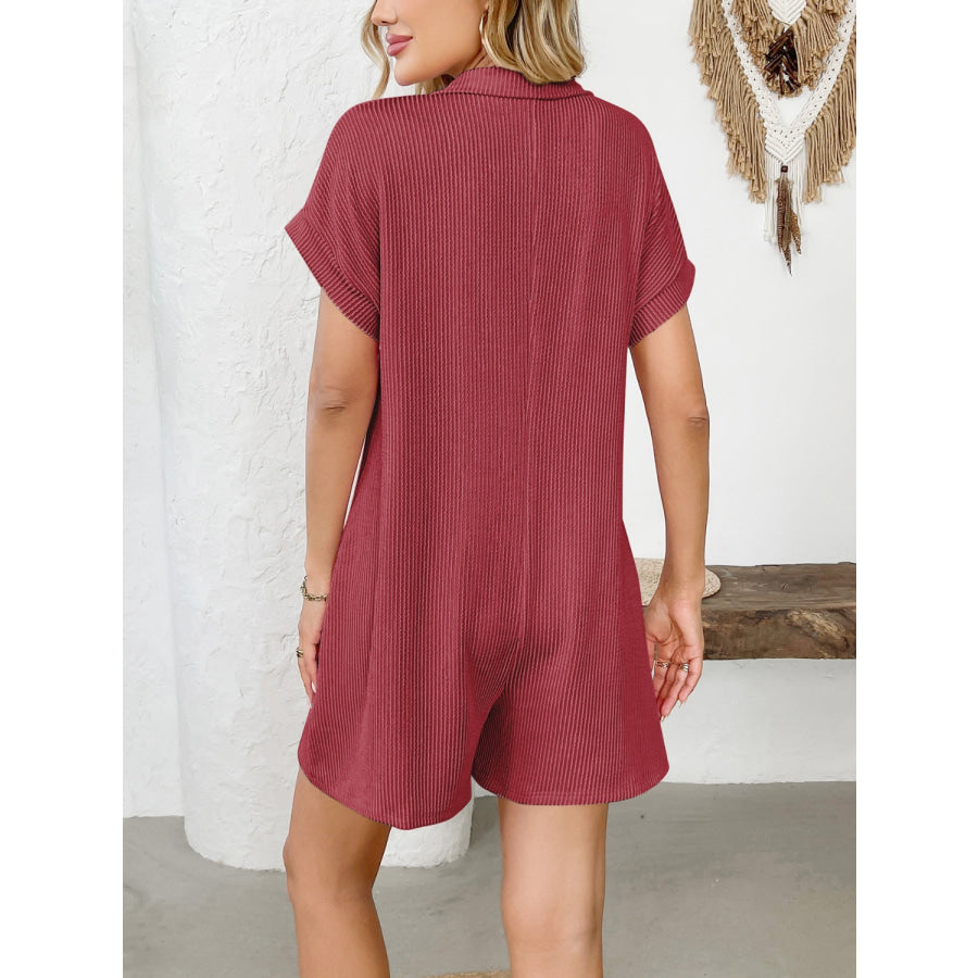 Button Detail Collared Neck Short Sleeve Romper Scarlet / S Apparel and Accessories