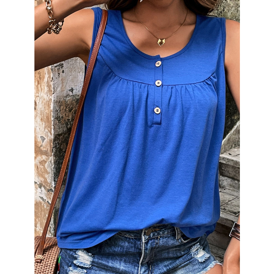 Button Detail Round Neck Tank Apparel and Accessories