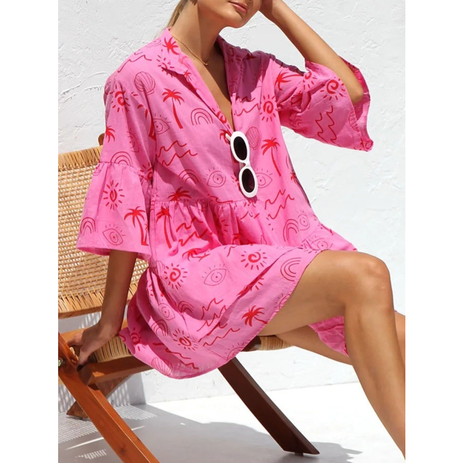 Button Detail Ruffled Hem Printed Mini Dress Apparel and Accessories