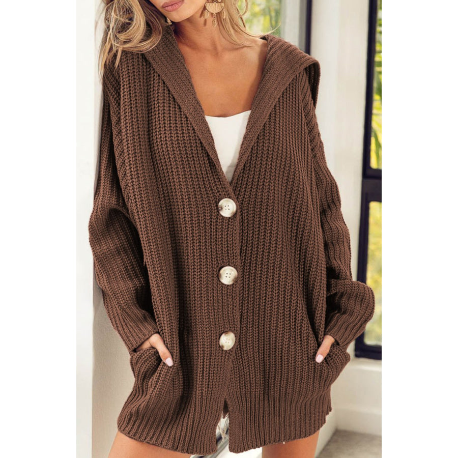 Button Down Collared Neck Cardigan Coffee Brown / S Apparel and Accessories