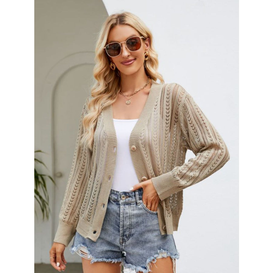 Button Down Ribbed Trim Cardigan Khaki / S