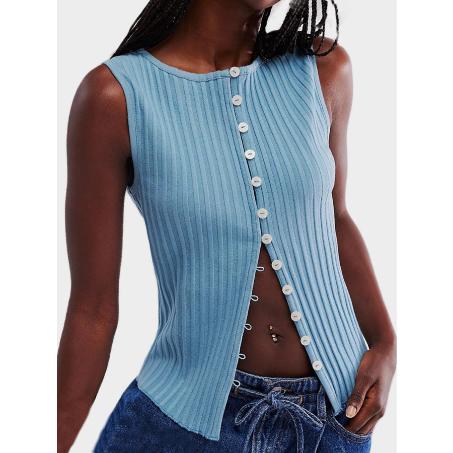 Button Down Round Neck Sweater Vest Light Blue / One Size Apparel and Accessories