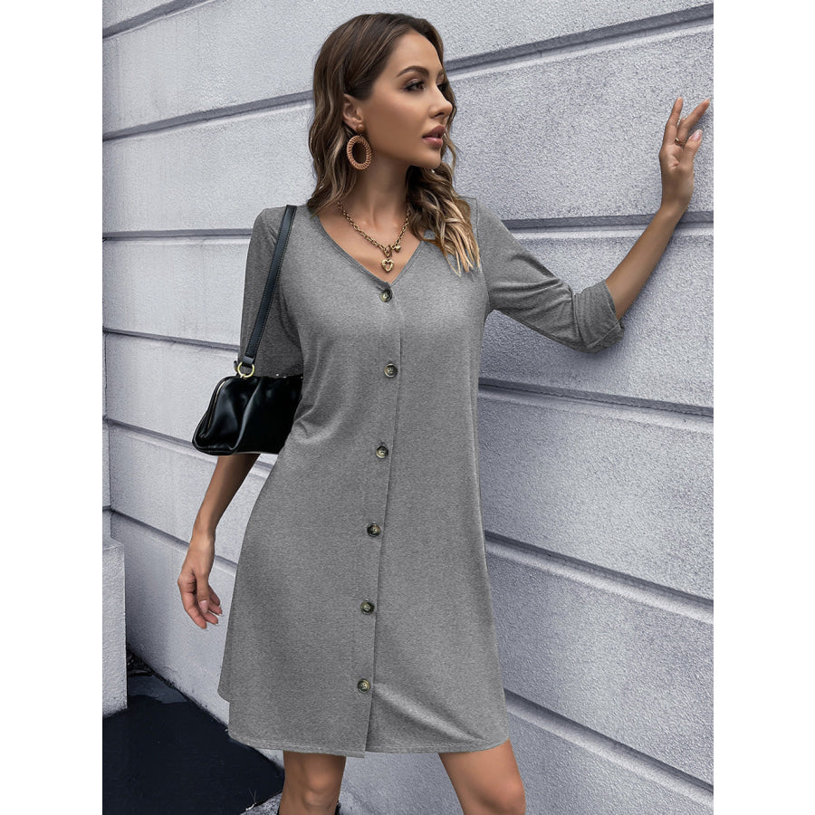 Button Down V-Neck Mini Dress Light Gray / S