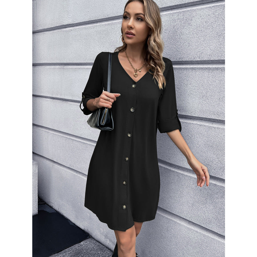 Button Down V-Neck Mini Dress