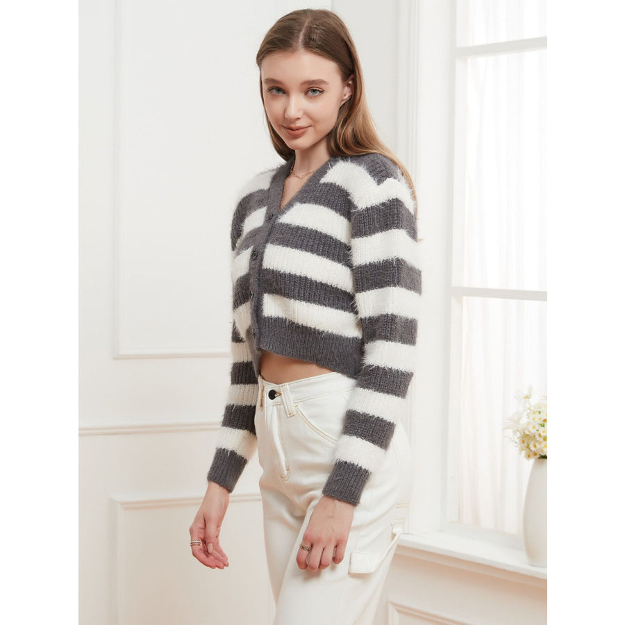 Button Down V-Neck Striped Cardigan Gray / One Size Apparel and Accessories