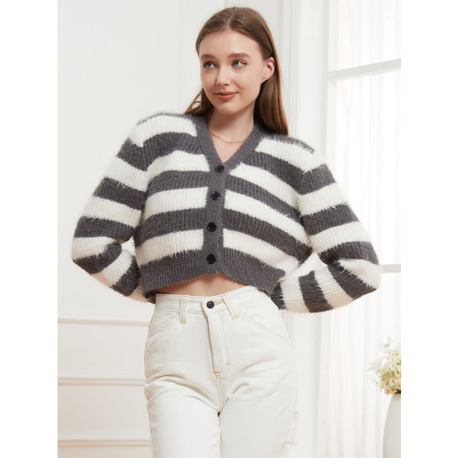 Button Down V-Neck Striped Cardigan Gray / One Size Apparel and Accessories