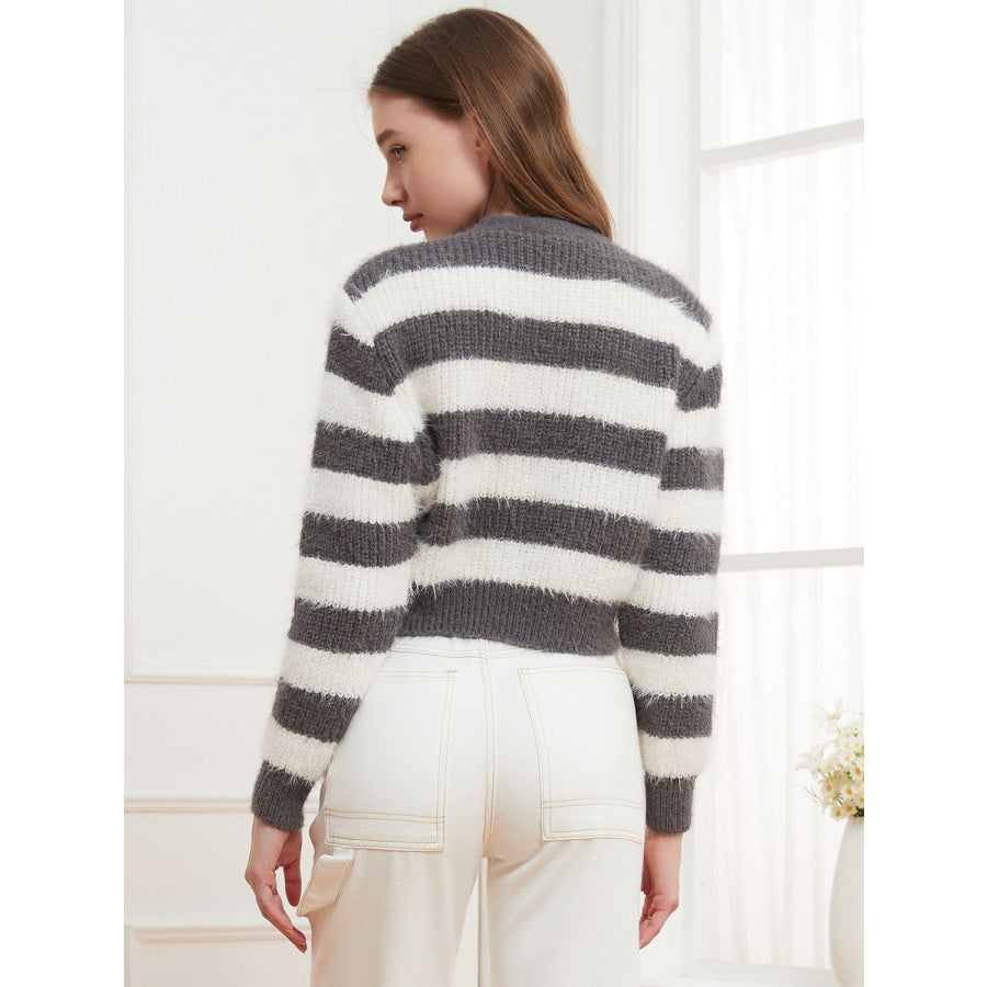 Button Down V-Neck Striped Cardigan Gray / One Size Apparel and Accessories