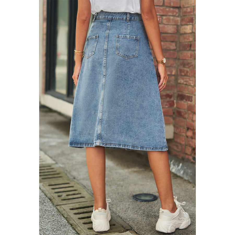 Button Front A-Line Denim Skirt