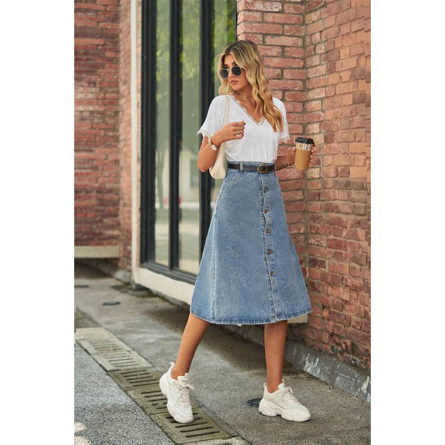 Button Front A-Line Denim Skirt