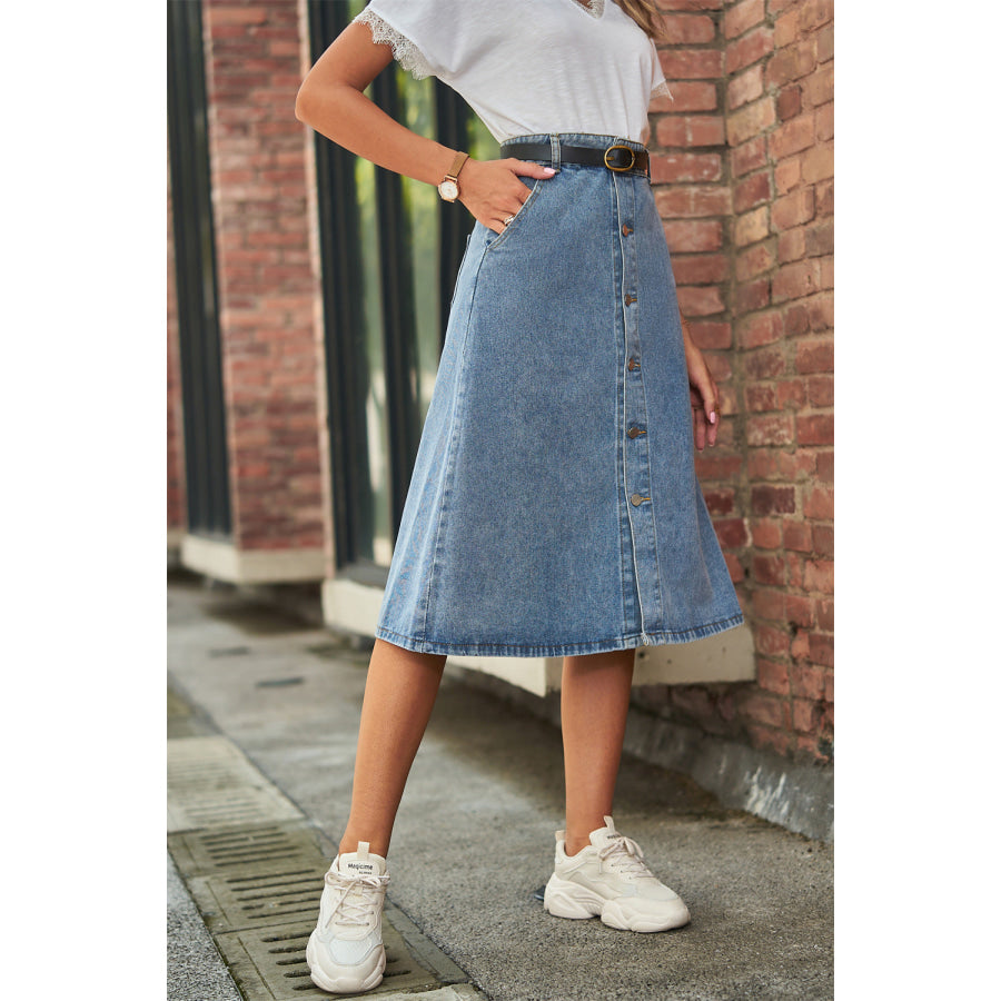 Button Front A-Line Denim Skirt