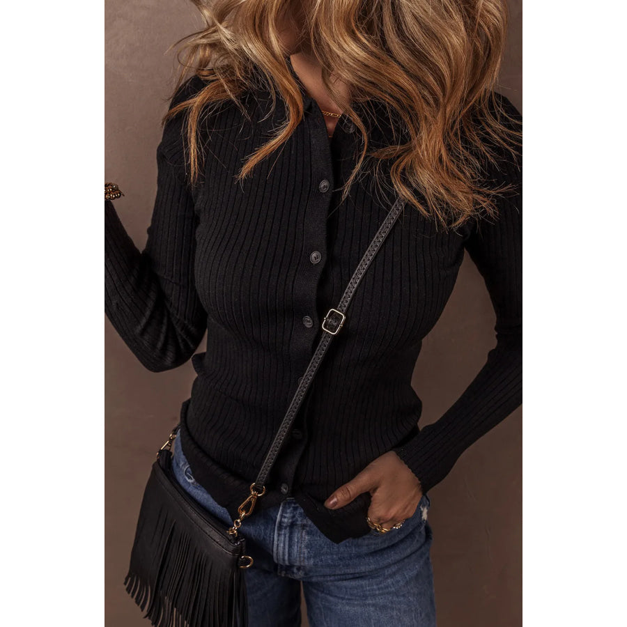 Button Up Collared Neck Cardigan Apparel and Accessories