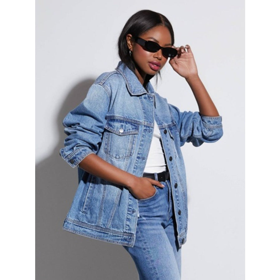 Button Up Collared Neck Denim Jacket Apparel and Accessories