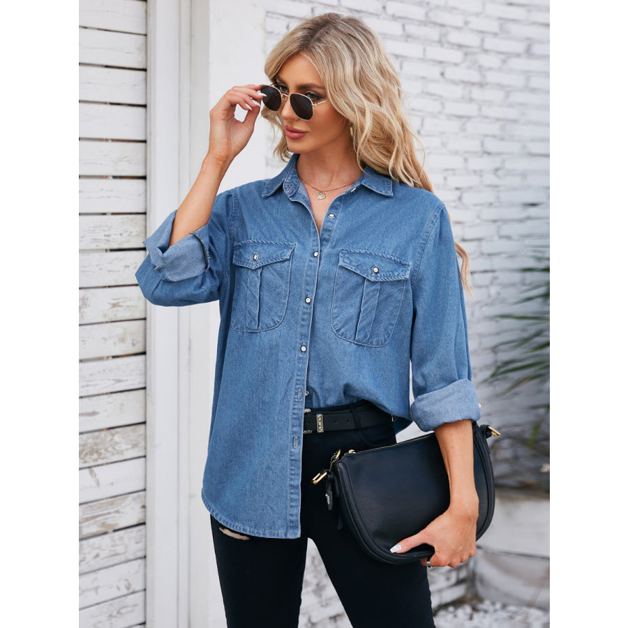 Button Up Collared Neck Denim Jacket Apparel and Accessories