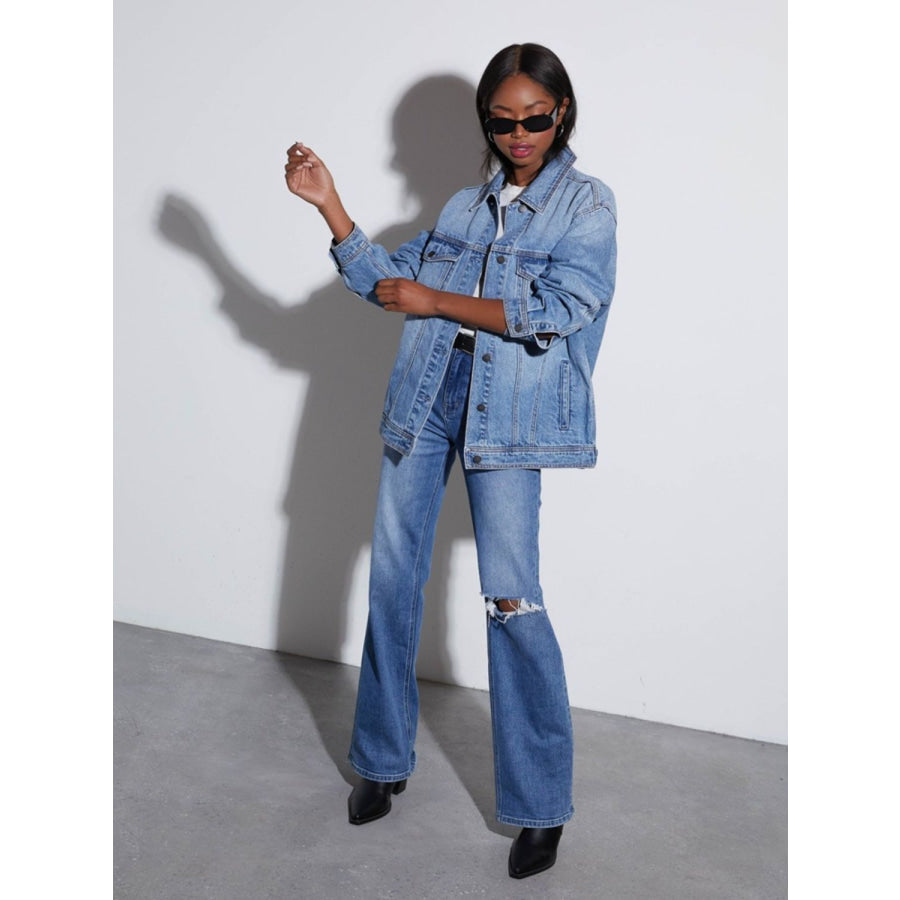 Button Up Collared Neck Denim Jacket Apparel and Accessories