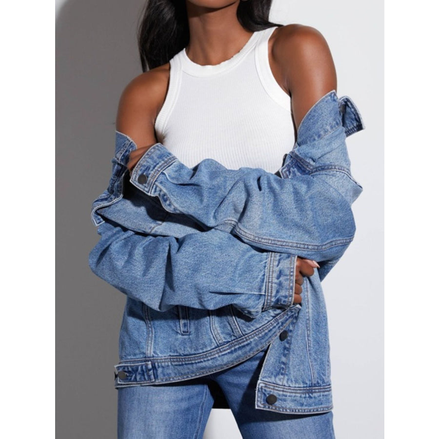 Button Up Collared Neck Denim Jacket Apparel and Accessories