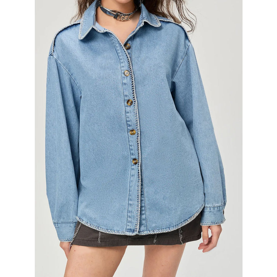 Button Up Collared Neck Denim Top Apparel and Accessories