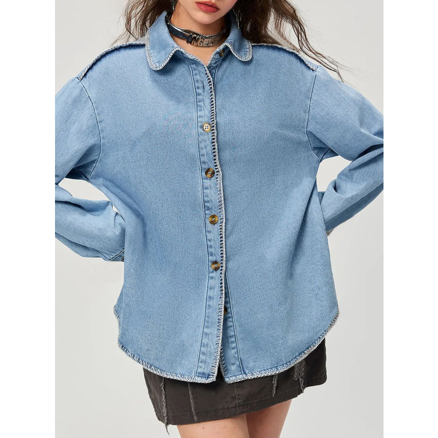 Button Up Collared Neck Denim Top Apparel and Accessories
