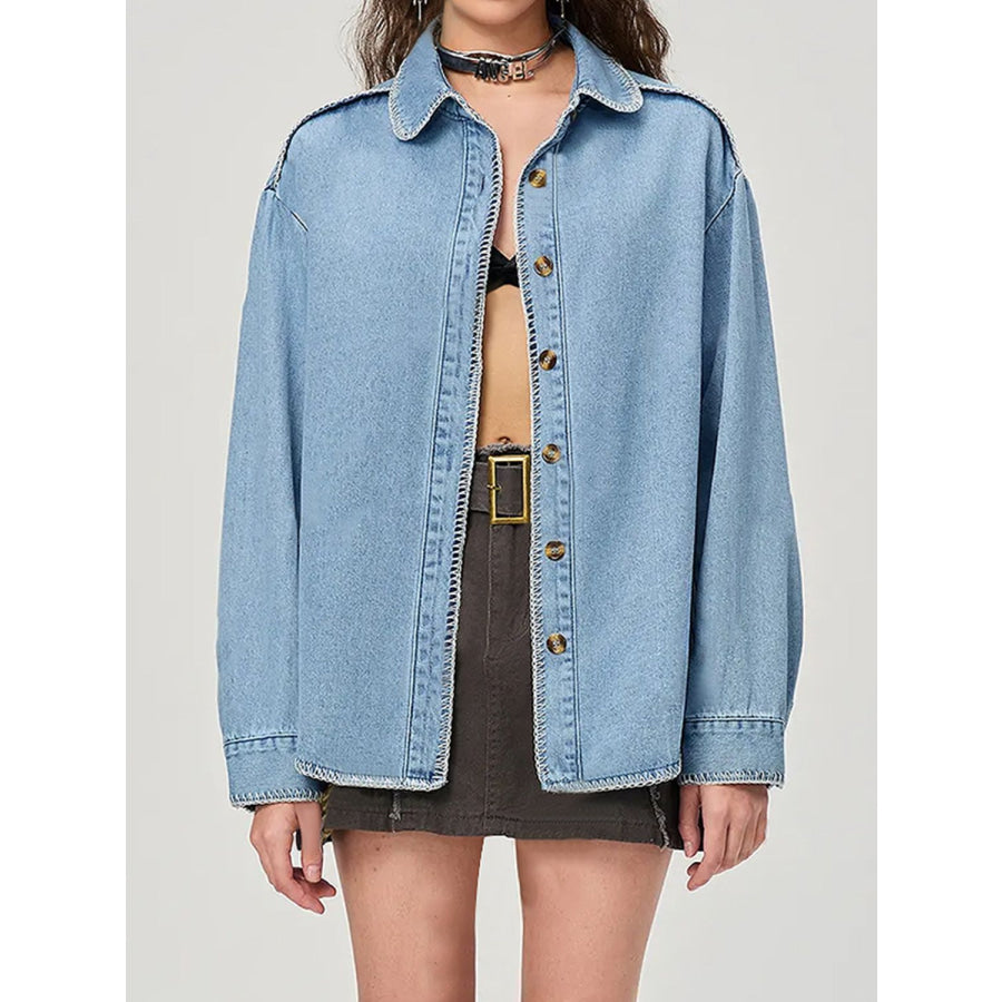 Button Up Collared Neck Denim Top Apparel and Accessories