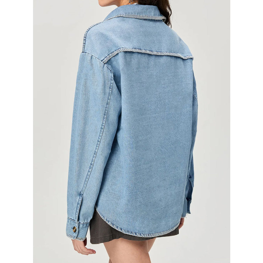 Button Up Collared Neck Denim Top Apparel and Accessories