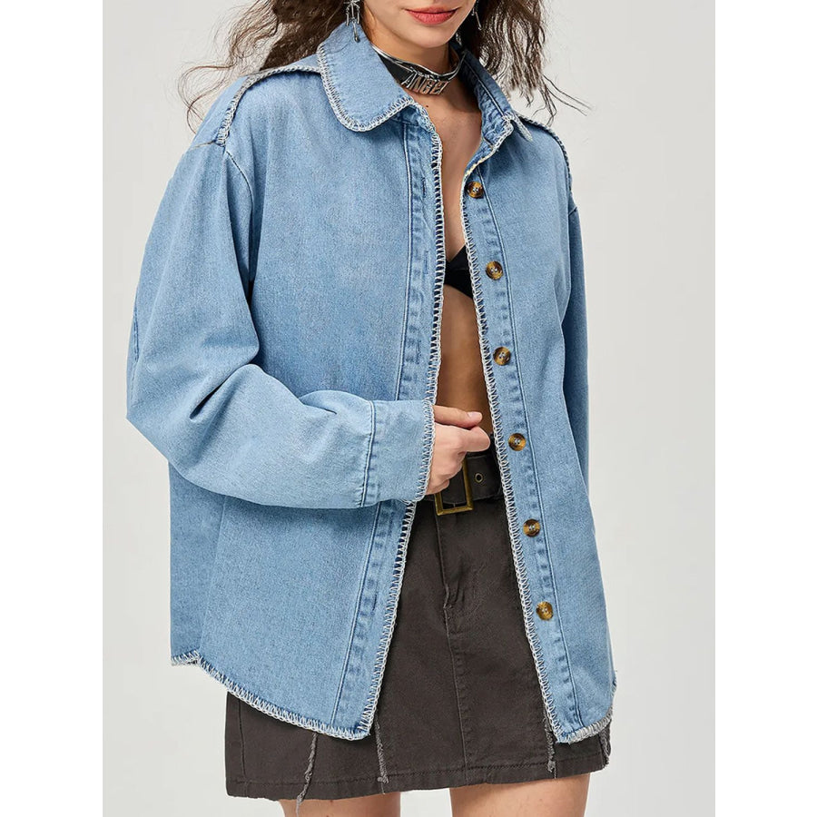 Button Up Collared Neck Denim Top Light / XS Apparel and Accessories